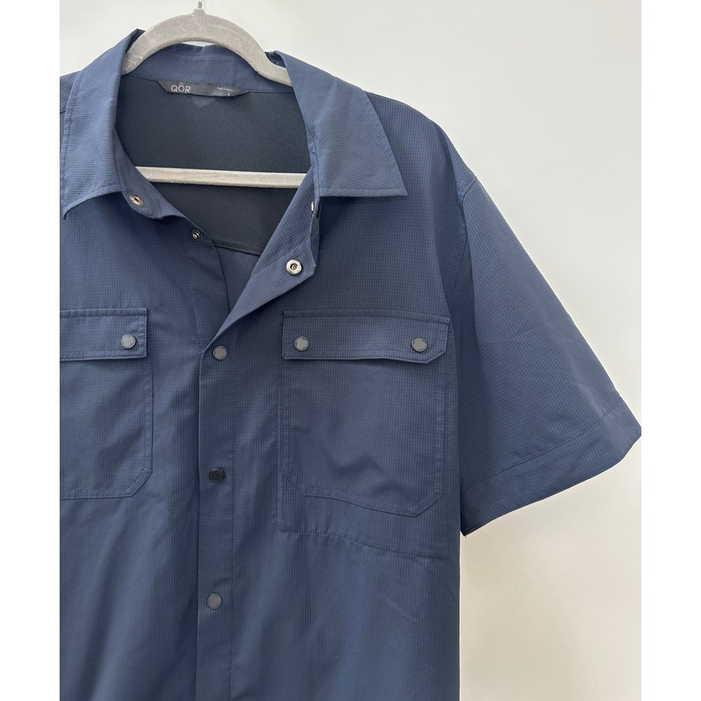 QOR Short Sleeve Snap Button Up Pocket Shirt Navy Blue Men's Large Vented Back - Picture 4 of 10